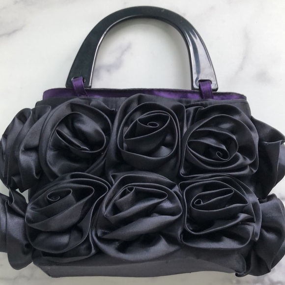 For Your Ease Only Black Satin Rosettes Evening Purse Handbag - Picture 12 of 12